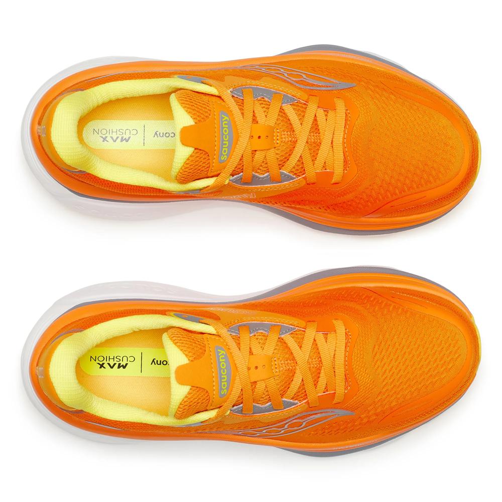 Saucony Hurricane 26 Mens Running Shoes - Fuego shown from the top and side views on a clean white background, featuring yellow lining and gray logo details.