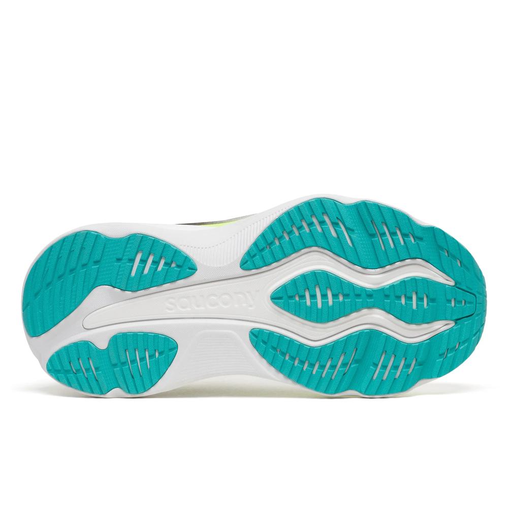 Close-up of a Saucony Hurricane 26 Mens Running Shoes - White/Citron, sole with teal tread pattern on a white background