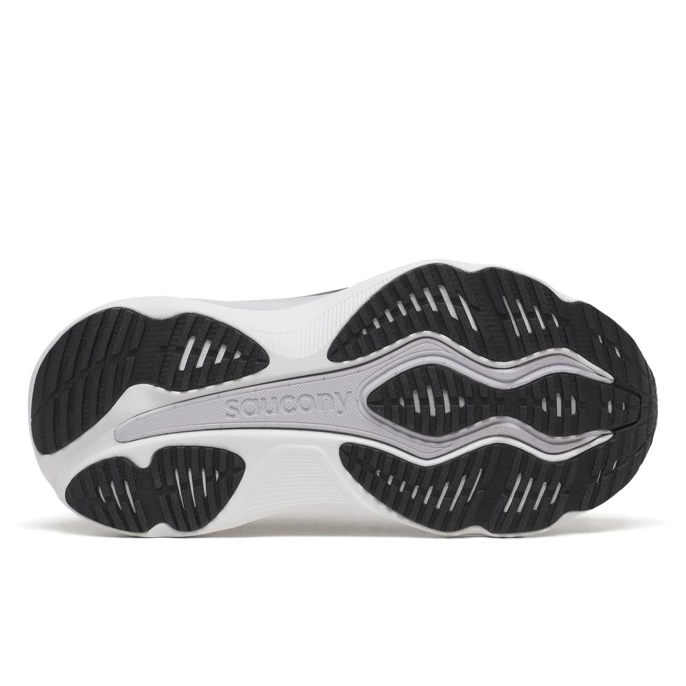 Close-up of a Saucony Hurricane 26 Womens Running Shoes - Black/Silver, sole with 'Saucony' branding on a white background