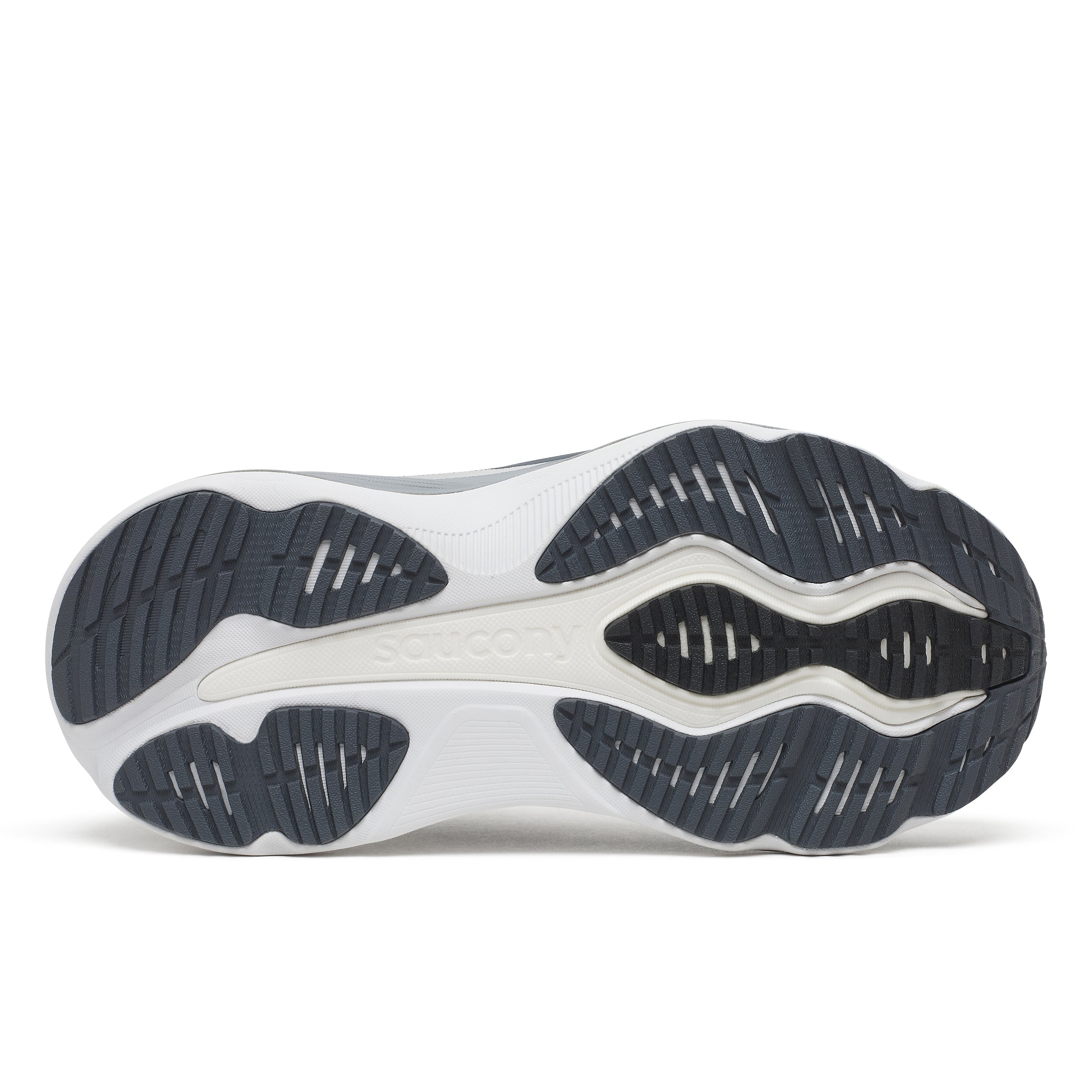 Close-up of a Saucony Hurricane 26 Womens Running Shoes - Black/Silver, sole with a white and black design on a white background
