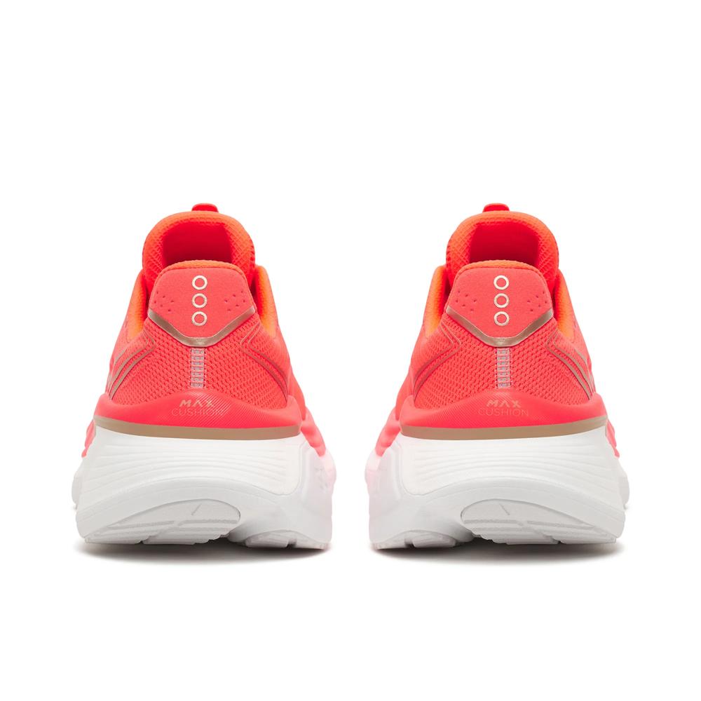 Saucony Hurricane 26 Womens Running Shoes - Vizired shown from the back, featuring a vibrant coral orange mesh upper, a white chunky sole, and a beige accent stripe on the heel.