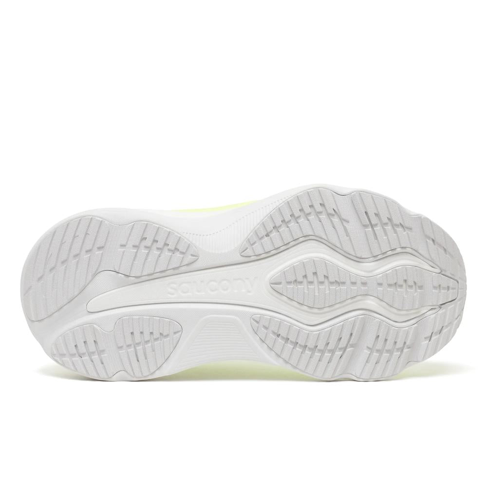 White sole of a Saucony Hurricane 26 Womens shoe on a white background