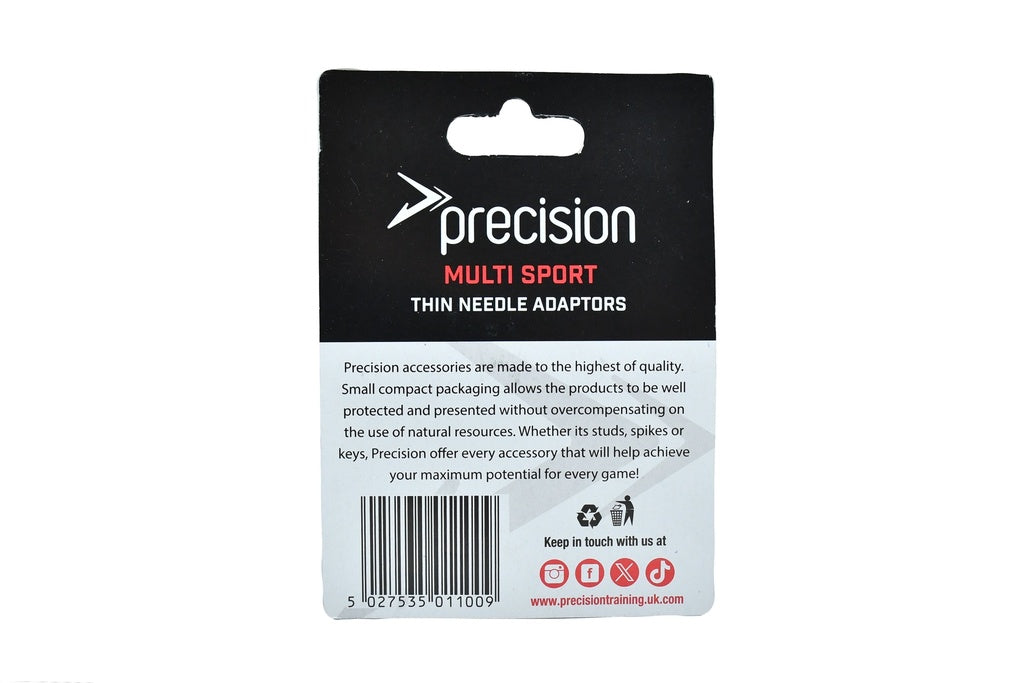 Precision Multi Sport Thin Needle Adapters retail packaging card, featuring a black top section with white and red text, and a white lower section with a barcode and small icons, on a plain white background.