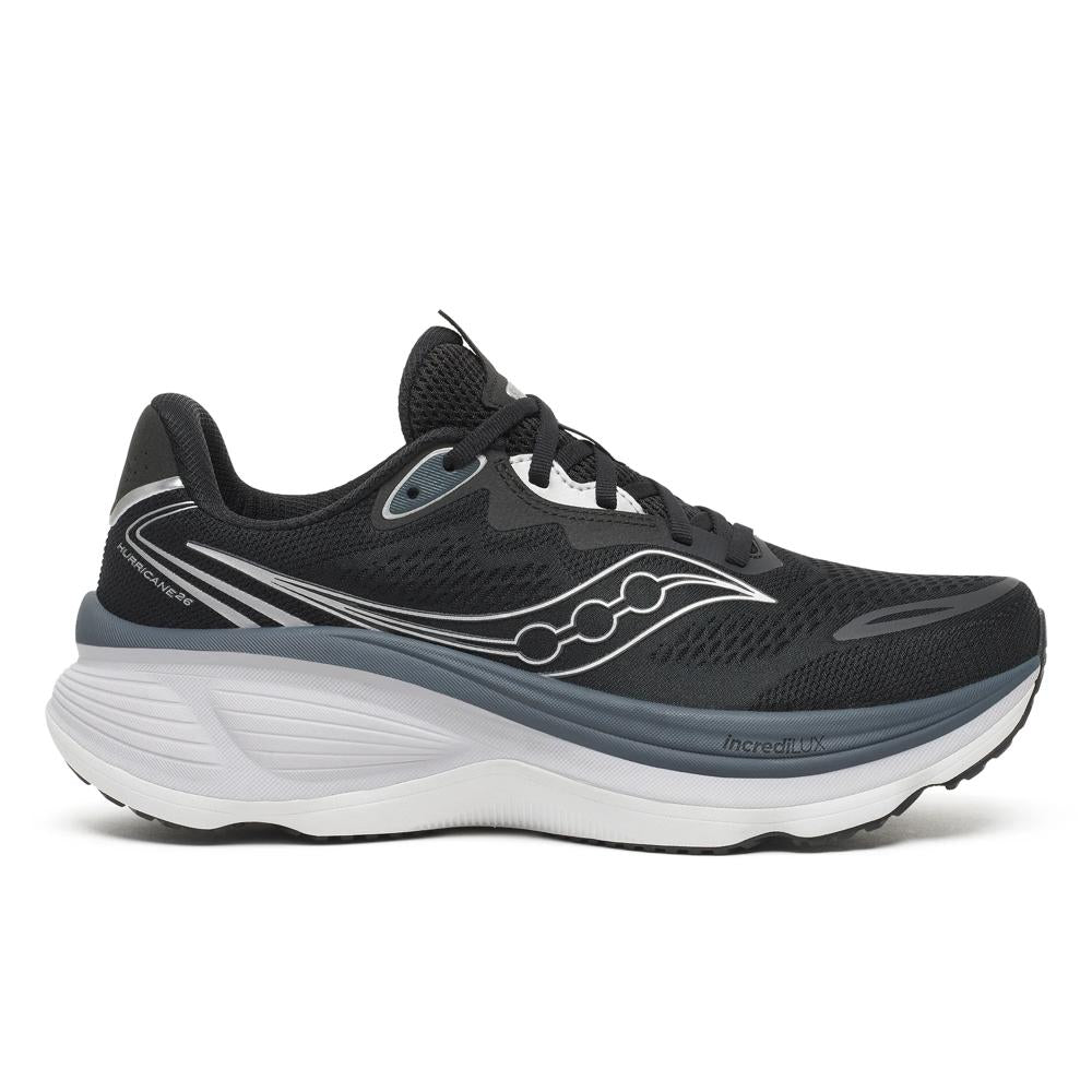 Saucony Hurricane 26 Mens Running Shoes - Black/Silver with white sole on a white background