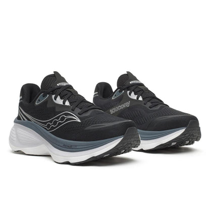 A pair of Saucony Hurricane 26 Mens Running Shoes - Black/Silver, shown from a three-quarters angle on a white background.