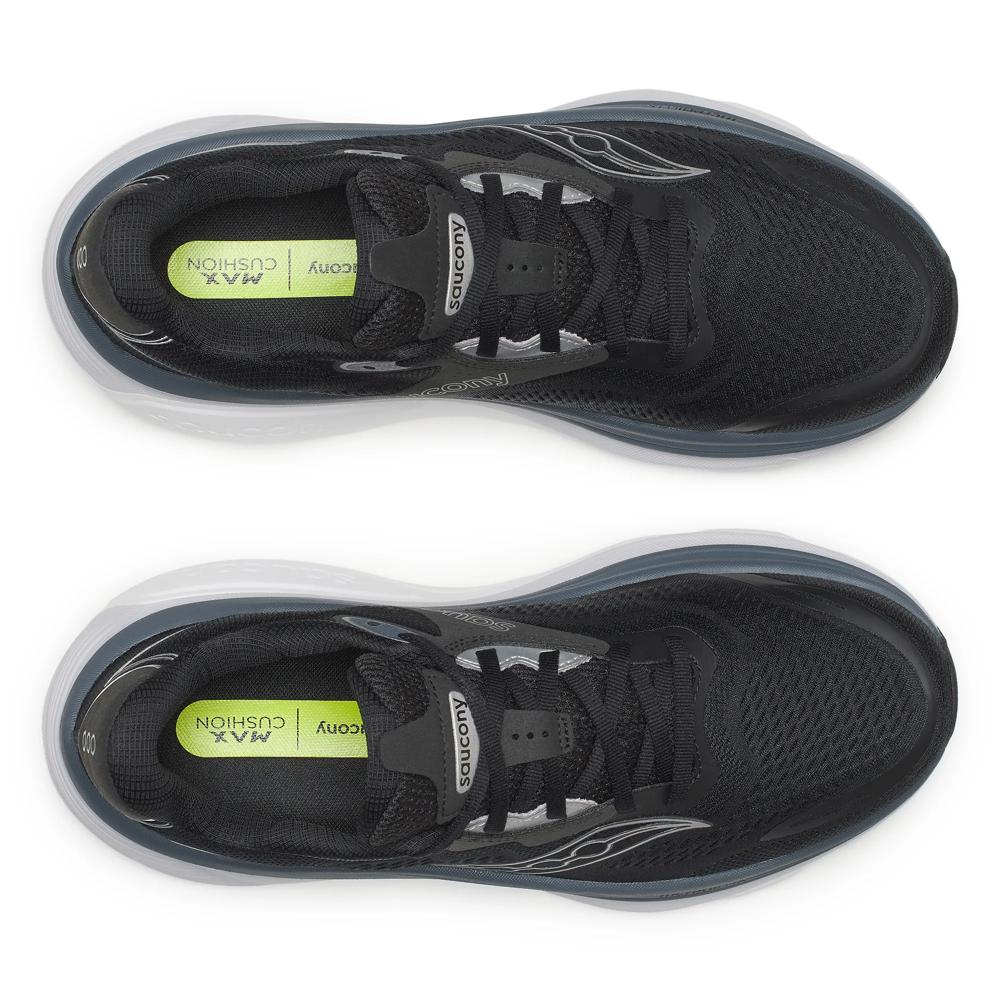 A pair of Saucony Hurricane 26 Mens Running Shoes - Black/Silver shown from a top-down view on a white background, featuring a black mesh upper, black laces, a dark gray midsole, and a bright lime green insole.
