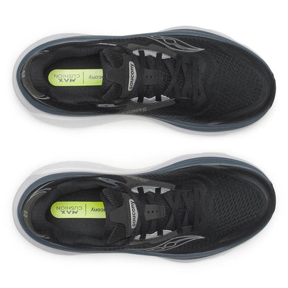 A pair of Saucony Hurricane 26 Mens Running Shoes - Black/Silver shown from a top-down view on a white background, featuring a black mesh upper, black laces, a dark gray midsole, and a bright lime green insole.