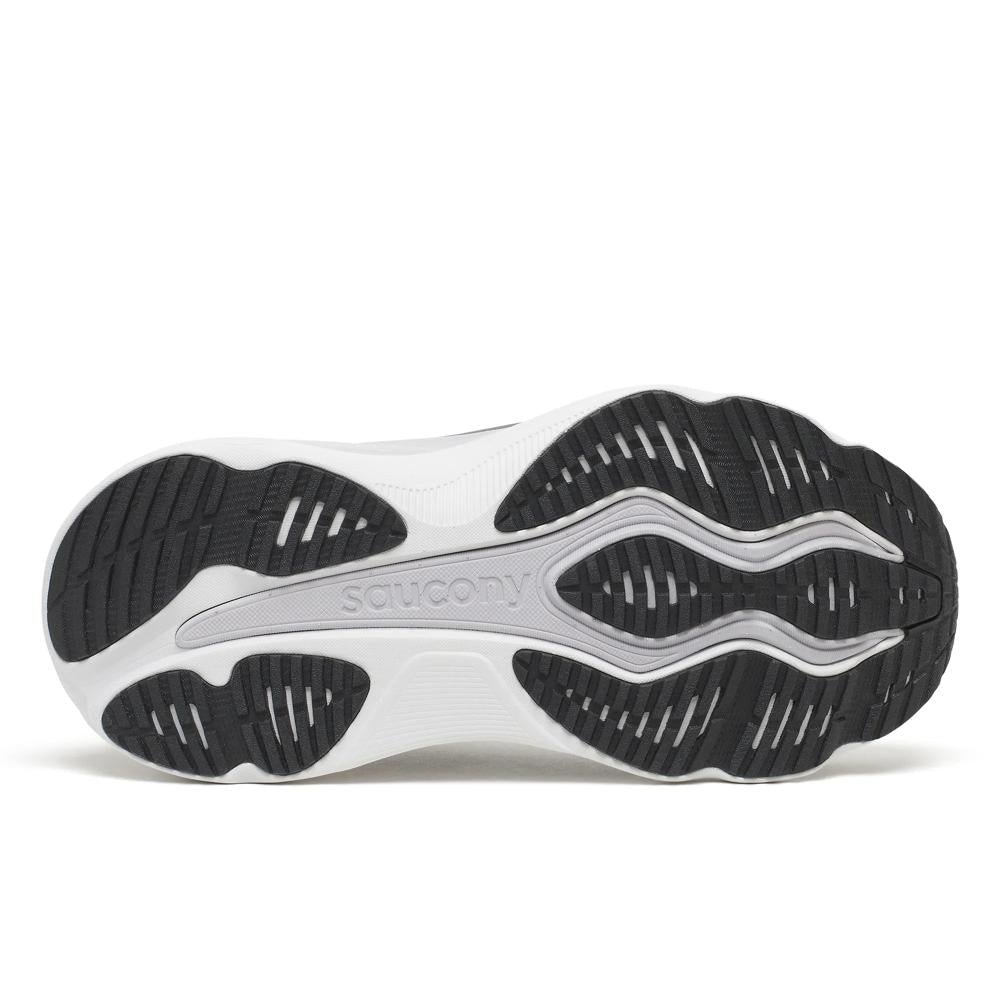 Close-up of a Saucony Hurricane 26 Mens Running Shoes - Black/Silver sole with 'Saucony' branding on a white background