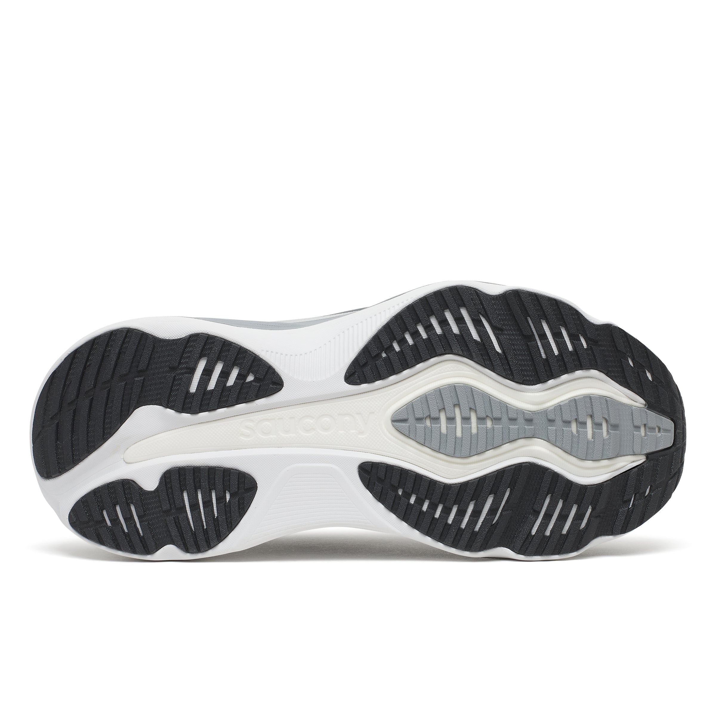 Close-up of a Saucony Hurricane 26 Mens Running Shoes - Black/Silver, sole with black and white pattern on a white background