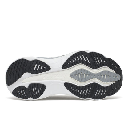 Close-up of a Saucony Hurricane 26 Mens Running Shoes - Black/Silver, sole with black and white pattern on a white background