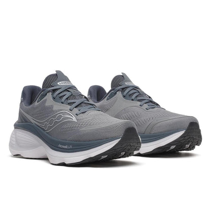 Pair of Saucony Hurricane 26 Mens Running Shoes - Cinder/Gunmetal with white soles on a white background