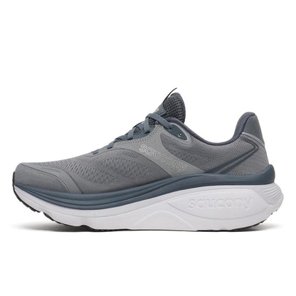 Side view of Saucony Hurricane 26 Mens Running Shoes - Cinder/Gunmetal with white sole on a white background