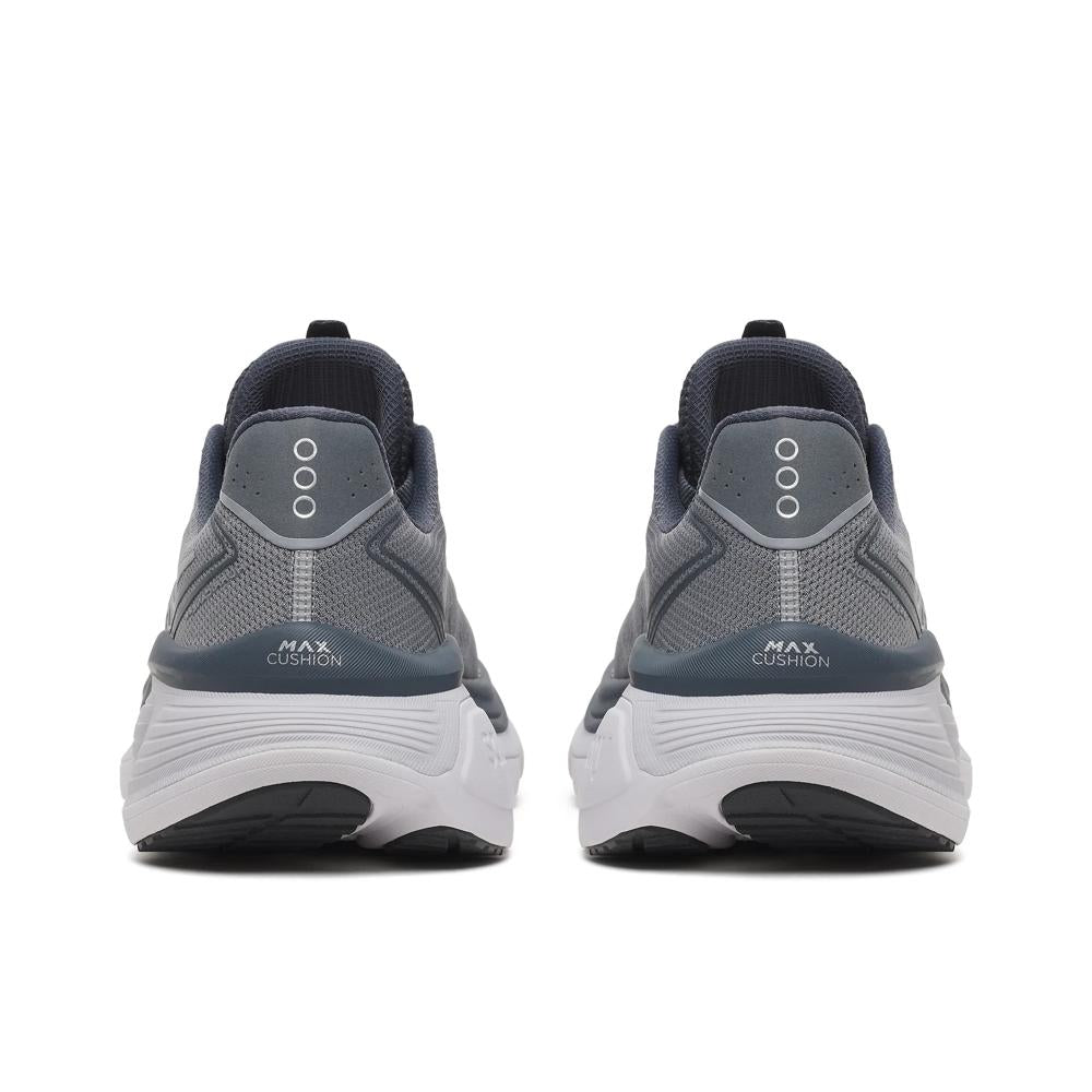 A pair of Saucony Hurricane 26 Mens Running Shoes - Cinder/Gunmetal shown from the back, featuring a textured mesh upper, three circular cutouts on the heel, and a thick white and gray cushioned sole.