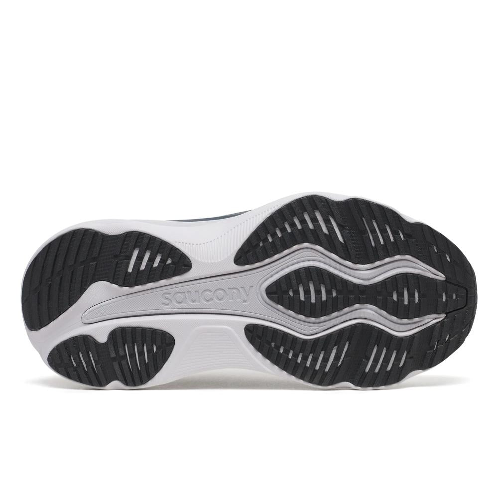 Close-up of a Saucony Hurricane 26 Mens Running Shoes - Cinder/Gunmetal sole with 'Saucony' branding on a white background