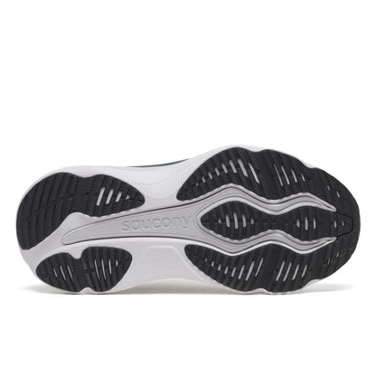 Close-up of a Saucony Hurricane 26 Mens Running Shoes - Cinder/Gunmetal sole with 'Saucony' branding on a white background