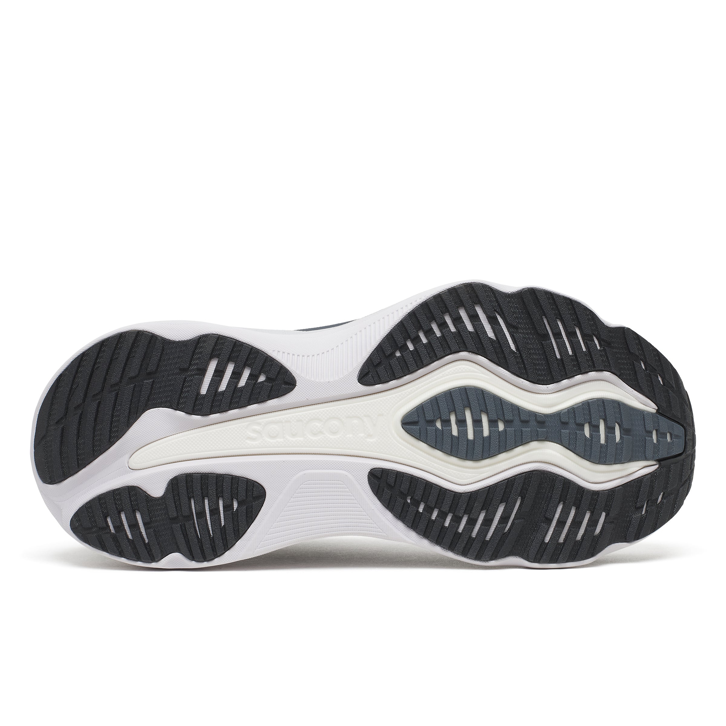 The outsole of a Saucony Hurricane 26 Mens Running Shoes - Cinder/Gunmetal, showing a white and black tread pattern with the Salomon brand name embossed on the central cushioning area.