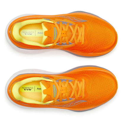 Saucony Hurricane 26 Mens Running Shoes - Fuego shown from the top and side views on a clean white background, featuring yellow lining and gray logo details.