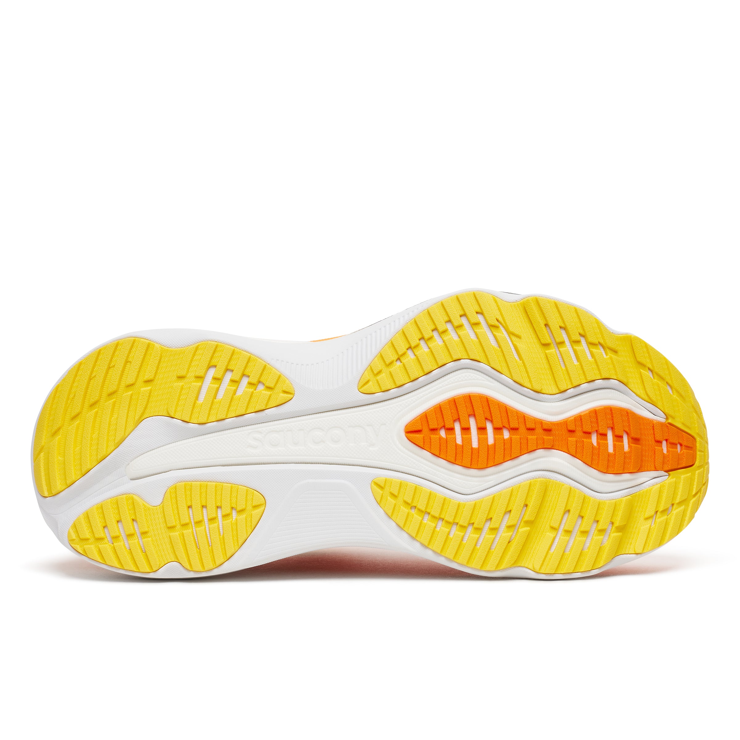 The outsole of a Saucony Hurricane 26 Mens Running Shoes - Fuego, featuring a white base with prominent yellow and orange tread patterns, photographed on a clean white background.