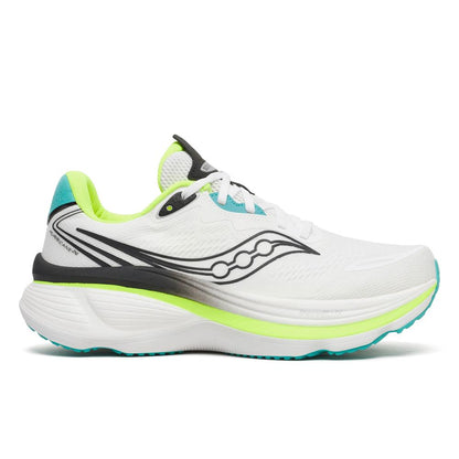 Saucony Hurricane 26 Mens Running Shoes - White/Citron with green and black accents on a white background