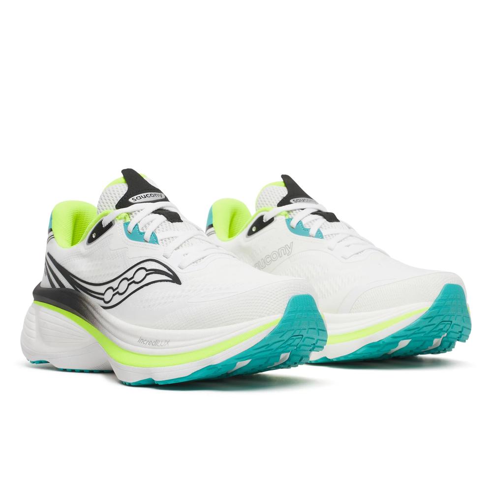 a pair of Saucony Hurricane 26 Mens Running Shoes - White/Citron with green and blue accents on a white background
