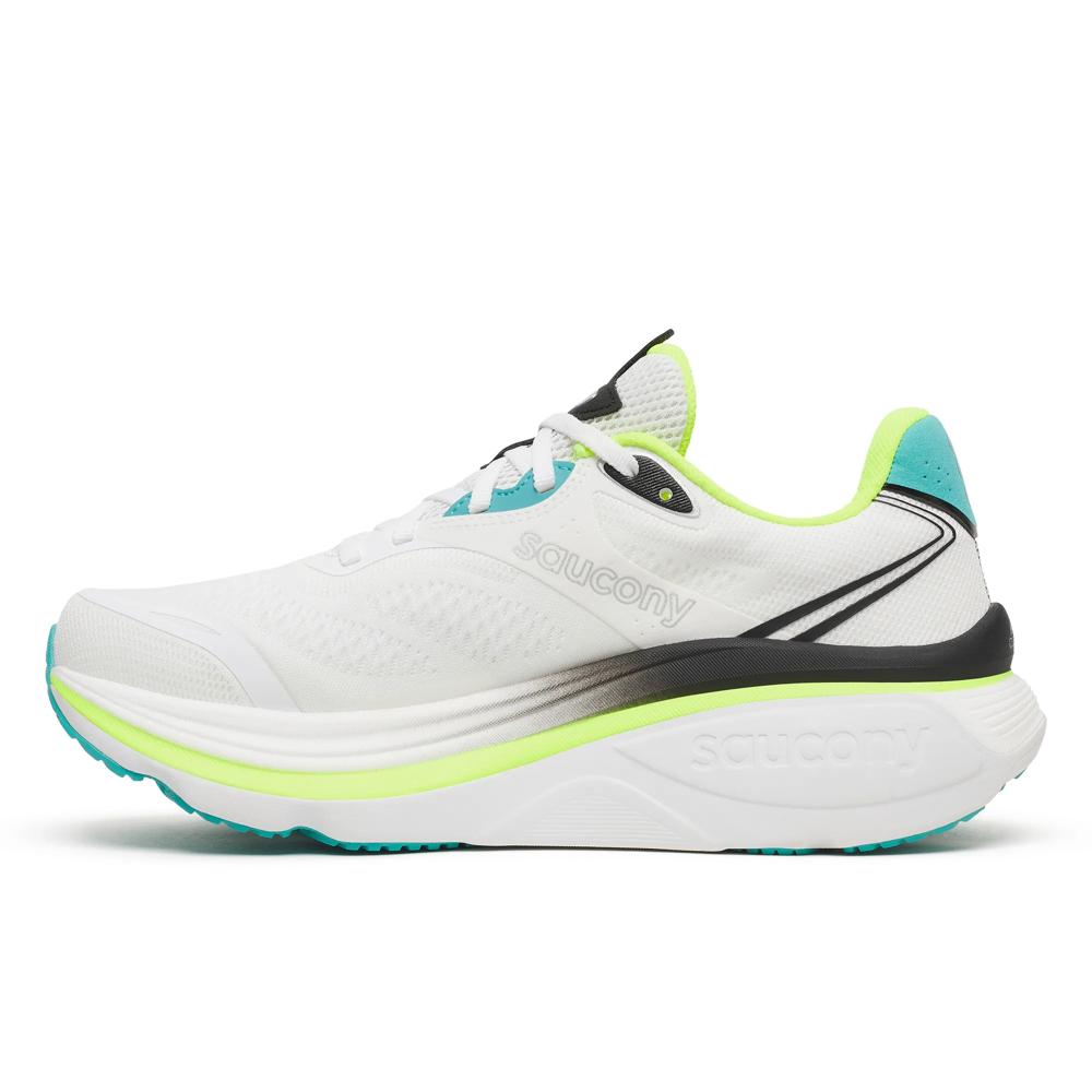 side view of Saucony Hurricane 26 Mens Running Shoes - White/Citron with green accents on a white background
