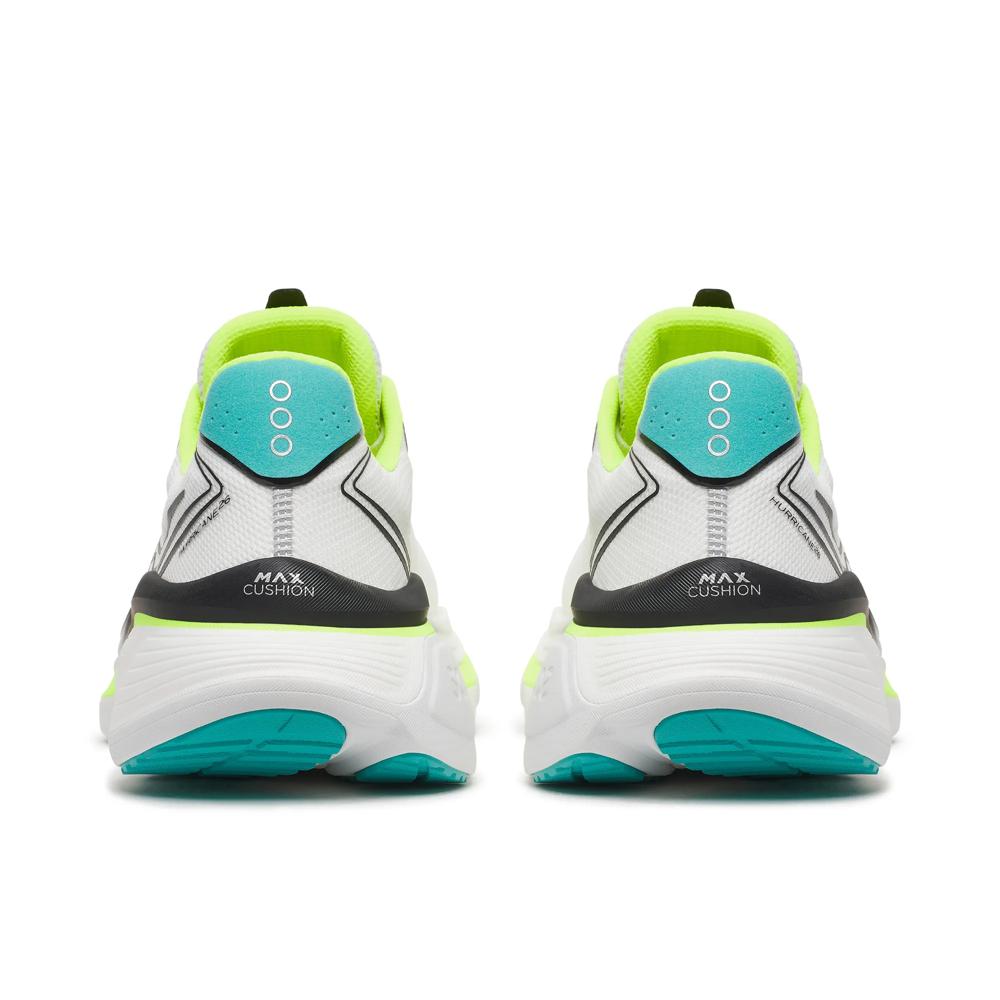 A pair of Saucony Hurricane 26 Mens Running Shoes - White/Citron shown from the back, featuring a white mesh upper, a black heel counter, a bright neon yellow-green collar and midsole accent, and a teal heel insert and outsole.