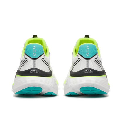 A pair of Saucony Hurricane 26 Mens Running Shoes - White/Citron shown from the back, featuring a white mesh upper, a black heel counter, a bright neon yellow-green collar and midsole accent, and a teal heel insert and outsole.