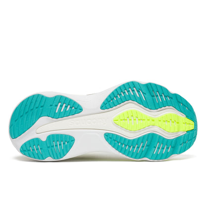 Close-up of a Saucony Hurricane 26 Mens Running Shoes - White/Citrone sole with turquoise and yellow tread pattern on a white background