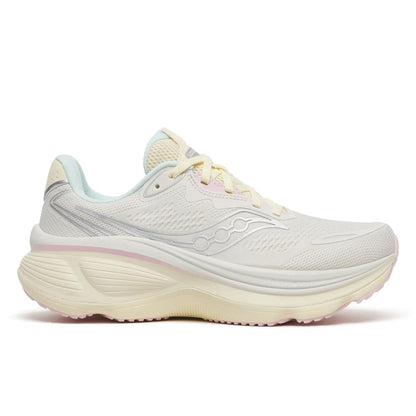 A light cream and off-white Saucony Hurricane 26 Women running shoe with pale yellow laces, a light blue collar lining, and subtle pink accents on the midsole and tongue, shown against a plain white background.