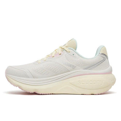 A single Saucony Hurricane 26 Womens running shoe in a light cream/off-white colorway with subtle pastel pink and pale blue accents, shown from a side profile on a white background.