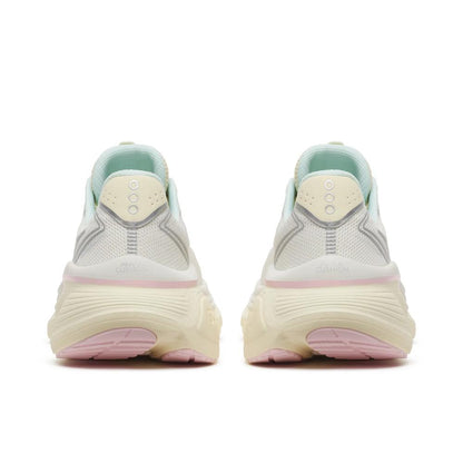 A pair of Saucony Hurricane 26 Womens running shoes  shown from the back, featuring a cream-colored sole, a white mesh upper, a light mint green collar, and a soft pink outsole accent.