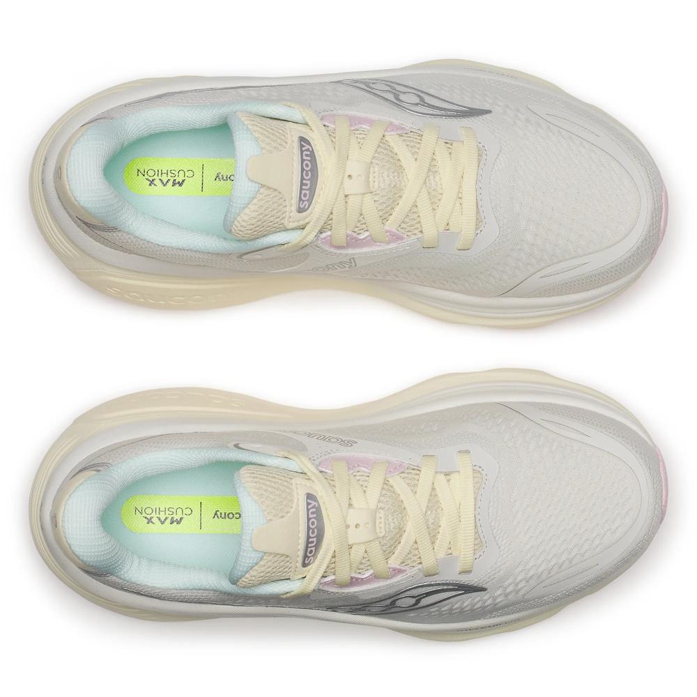 A pair of Saucony Hurricane 26 Womens running shoes shown from a top-down view, featuring a light gray and off-white mesh upper with cream laces, a light blue interior lining, and a bright yellow-green insole.