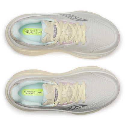 A pair of Saucony Hurricane 26 Womens running shoes shown from a top-down view, featuring a light gray and off-white mesh upper with cream laces, a light blue interior lining, and a bright yellow-green insole.