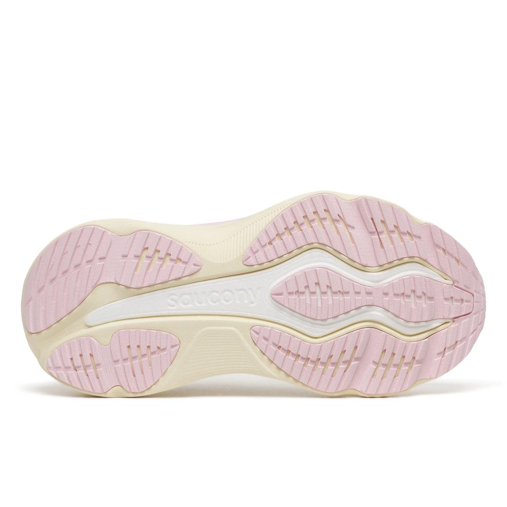 The outsole of a Saucony Hurricane 26 Womens sneaker, featuring a cream-colored midsole with the Saucony logo and light pink rubberized tread sections.