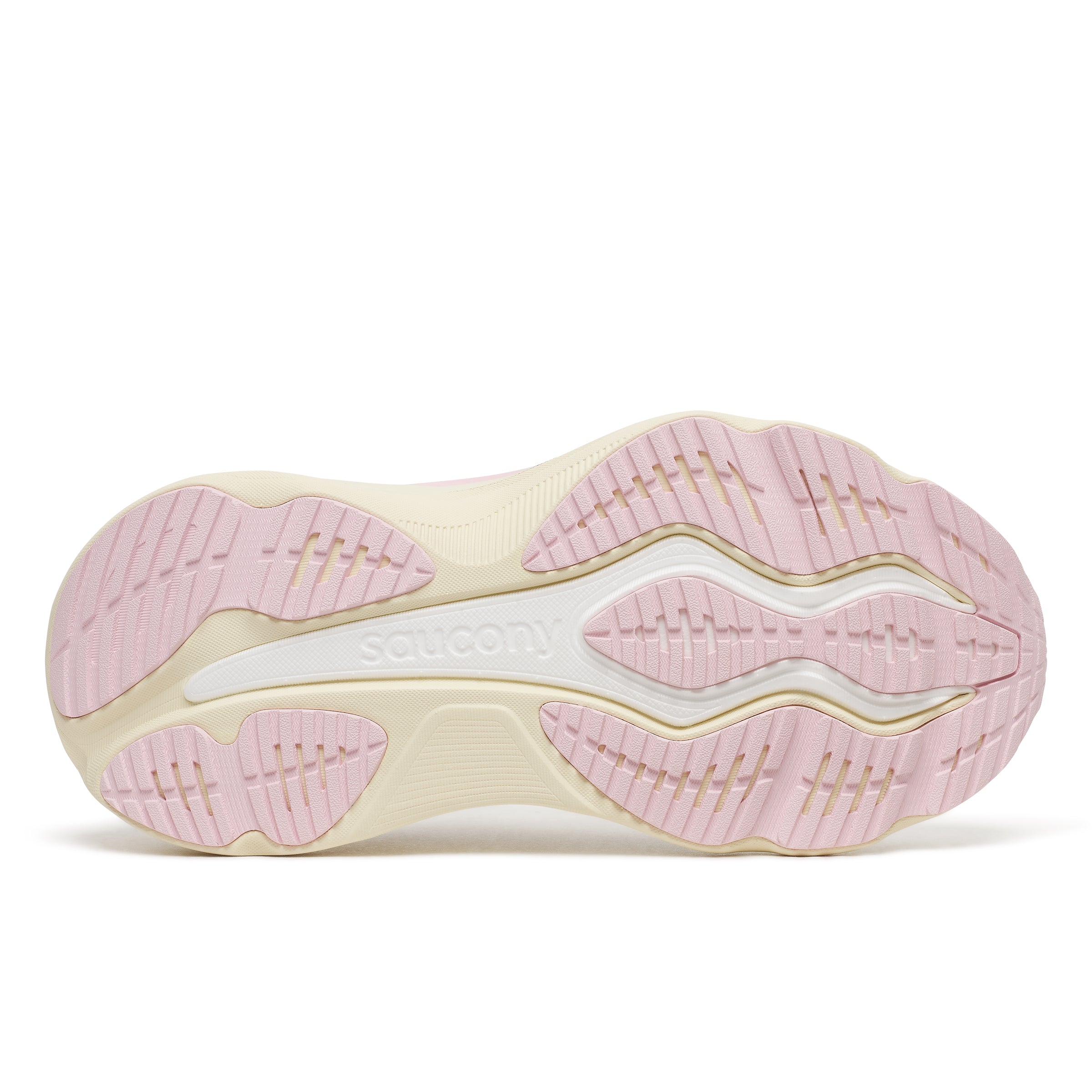The outsole of a Saucony Hurricane 26 Womens sneaker, featuring a cream-colored midsole with the Saucony logo and light pink rubberized tread sections.