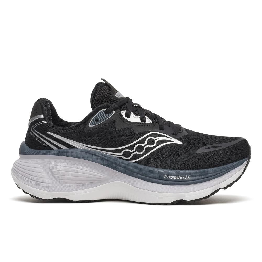 Saucony Hurricane 26 Womens Running Shoes - Black/Silver with white sole on a white background