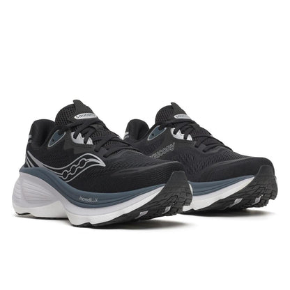 Pair of Saucony Hurricane 26 Womens Running Shoes - Black/Silver on a white background