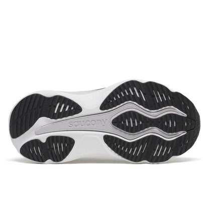 Close-up of a Saucony Hurricane 26 Womens Running Shoes - Black/Silver, sole with 'Saucony' branding on a white background
