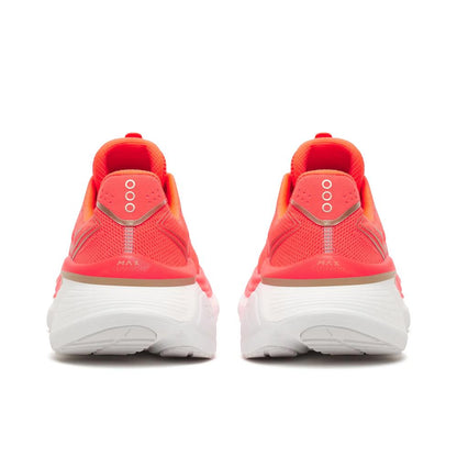 Saucony Hurricane 26 Womens Running Shoes - Vizired shown from the back, featuring a vibrant coral orange mesh upper, a white chunky sole, and a beige accent stripe on the heel.