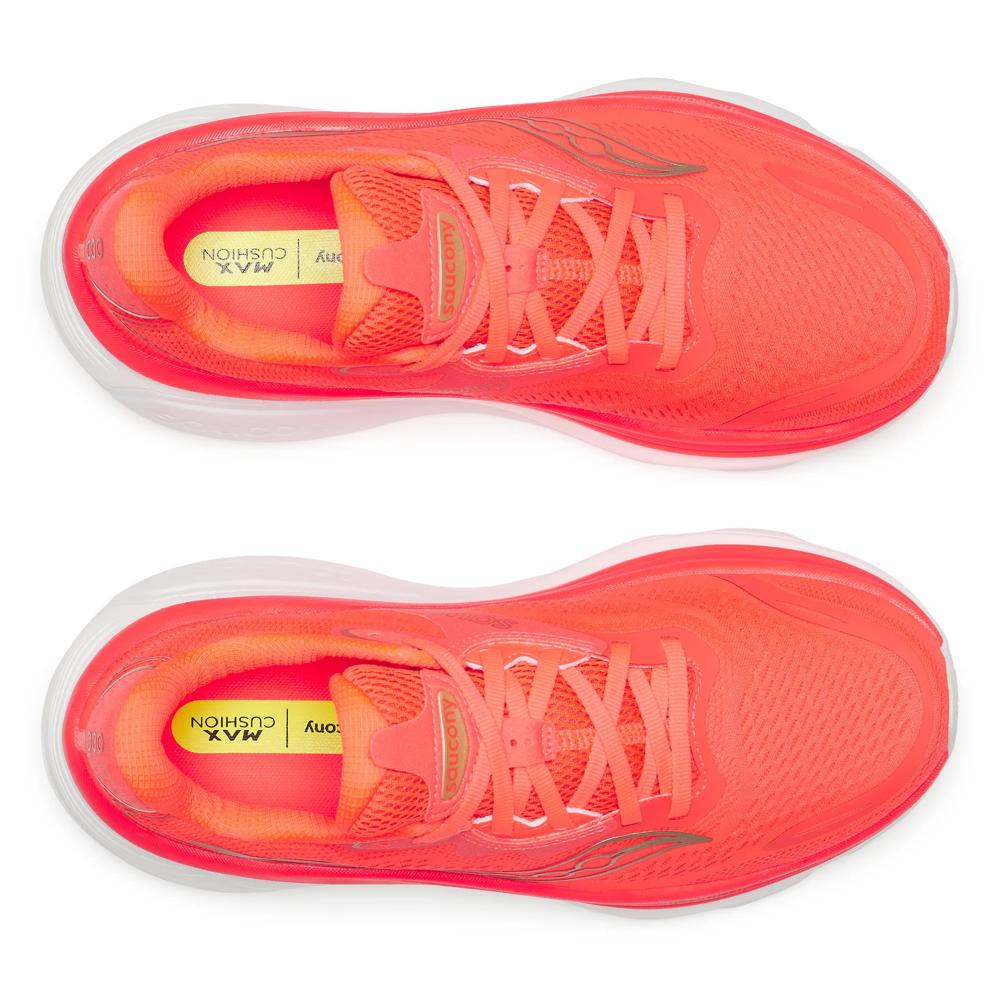 A pair of Saucony Hurricane 26 Womens Running Shoes - Vizired shown from a top-down view, featuring a bright neon orange-red mesh upper with matching laces and a white midsole.