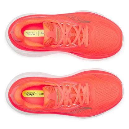 A pair of Saucony Hurricane 26 Womens Running Shoes - Vizired shown from a top-down view, featuring a bright neon orange-red mesh upper with matching laces and a white midsole.