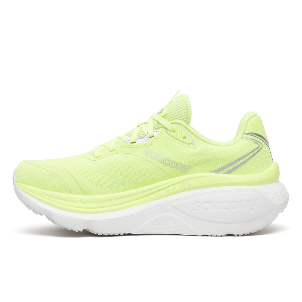 A singleSaucony Hurricane 26 Womens running shoe in Tart/Silver with a thick white sole, shown from the side against a plain white background.