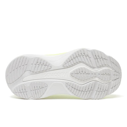 White sole of a Saucony Hurricane 26 Womens shoe on a white background