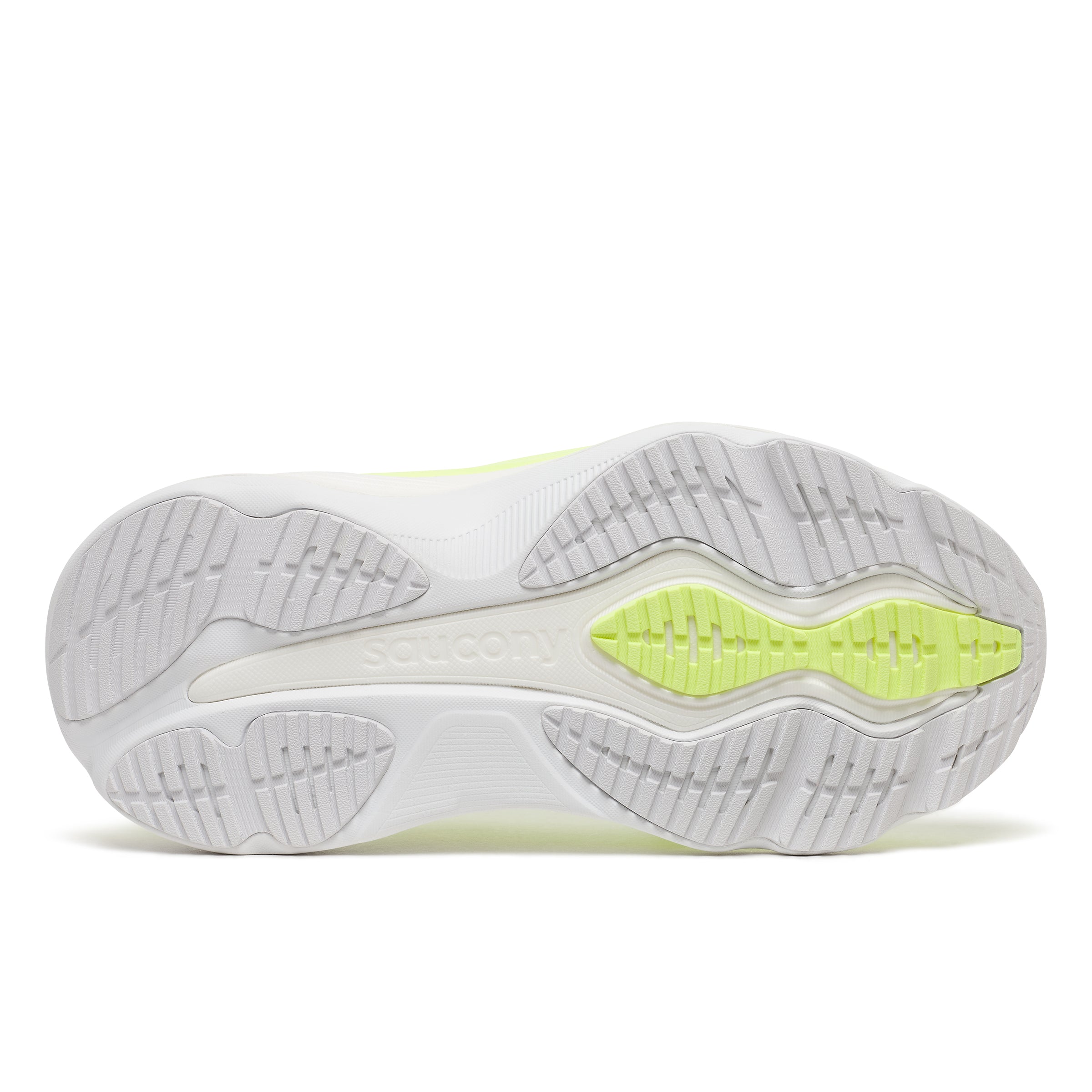 Close-up of a white Saucony Hurricane 26 Womens shoe sole with green accent on a white background