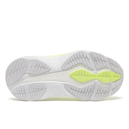 Close-up of a white Saucony Hurricane 26 Womens shoe sole with green accent on a white background