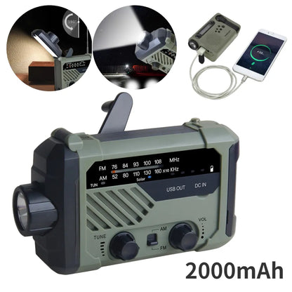 Portable Weather Radio Hand Crank AM FM Emergency Multifunctional Solar Lamp Flashlight Solar Charging 2000mAh Power Bank SOS