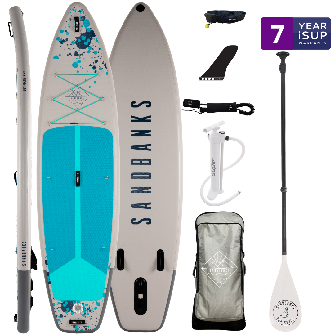 Sandbanks Style Pro-X 10'6'' x 32'' x 4.75'' iSUP Paddleboard package Turquoise - full SUP package contents flat lay